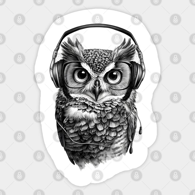 Owl Daring in Black and White Wearing Headphones Sticker by ArtisticCorner